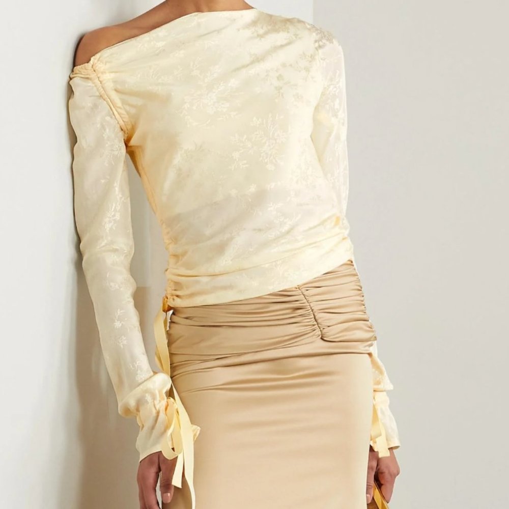 The Line By K Kace Off-the-shoulder Ruched Satin-jacquard Top - Cream